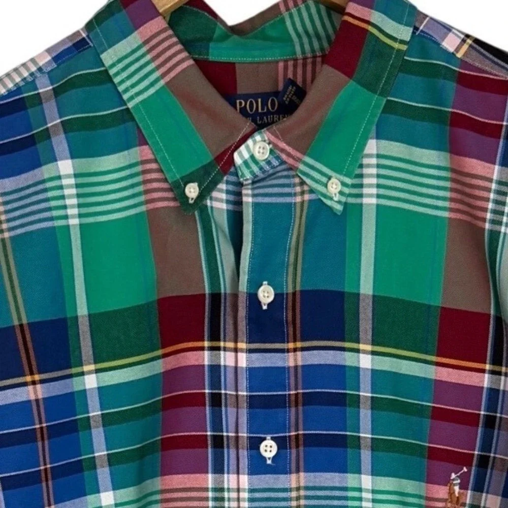 Polo Ralph Lauren Plaid Button Down Shirt Mens 2XLT Green Blue Preppy‎ Oxford
